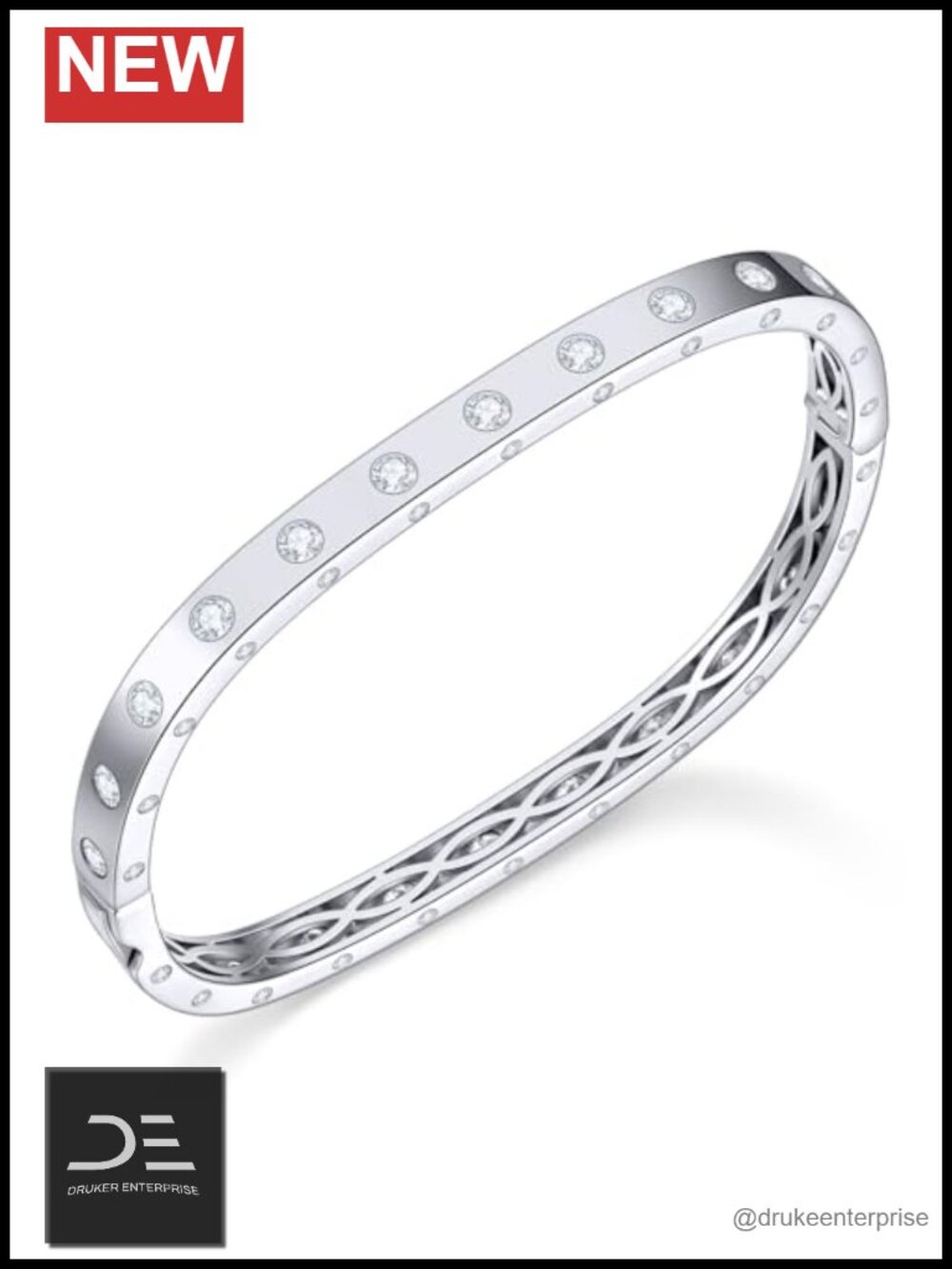 3-Sided CZ Love Bangle, White Gold Plated Stackable Bracelet, Hypoallergenic